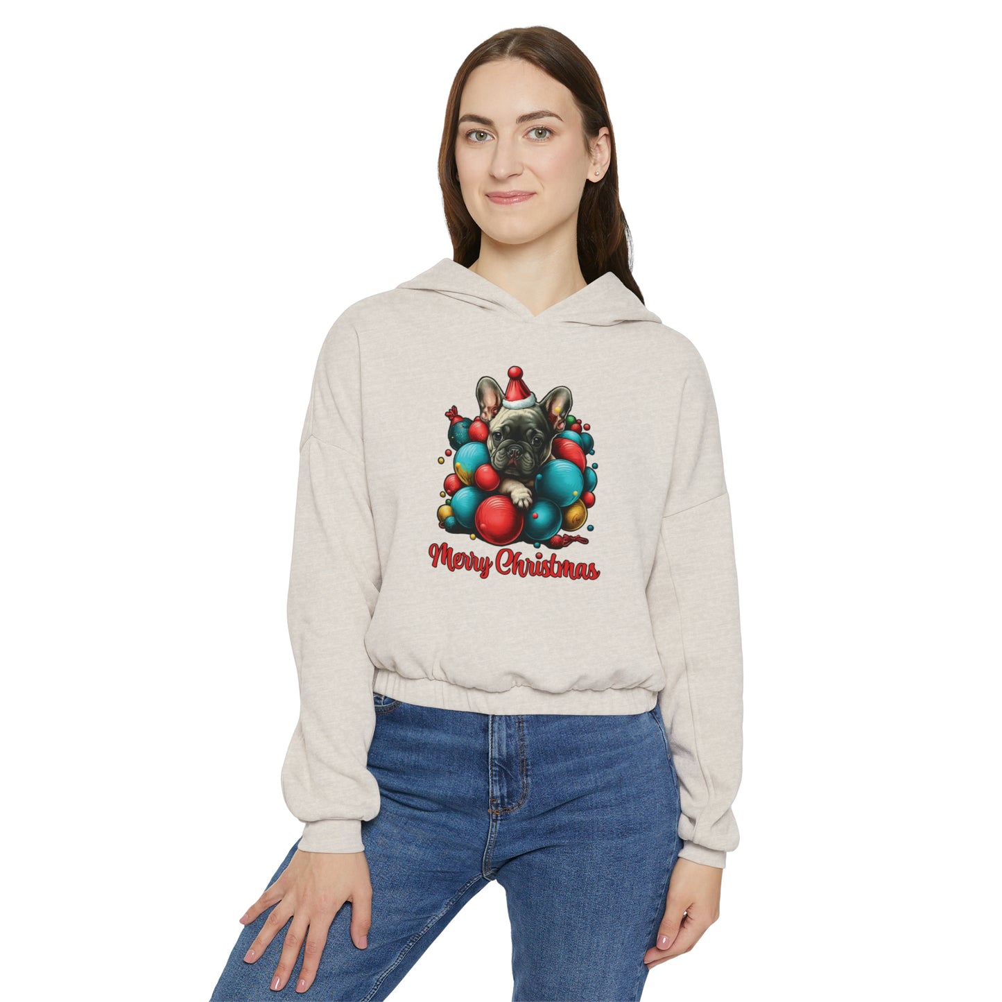 Merry Christmas French Bulldog Puppy - Women's Cinched Bottom Hoodie
