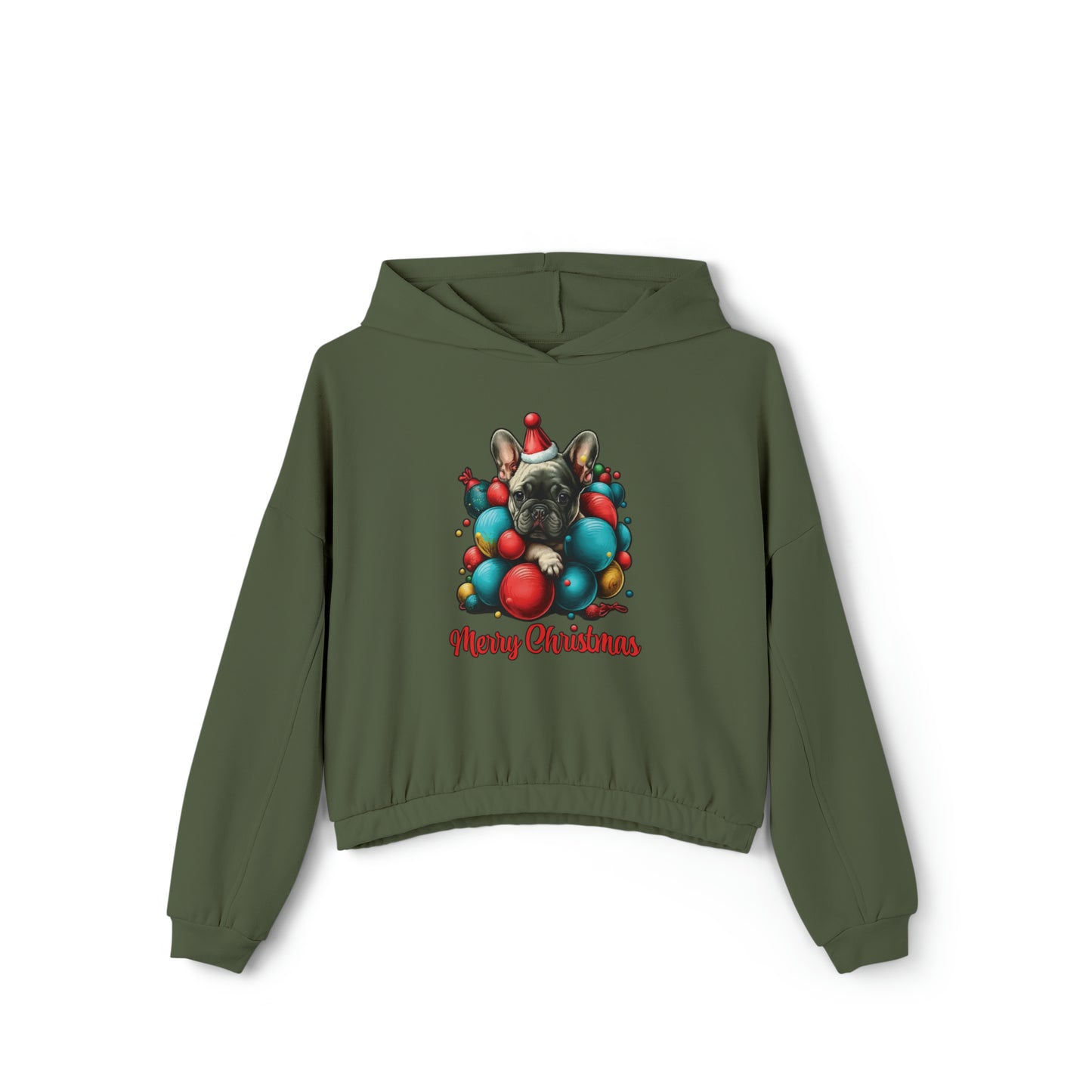 Merry Christmas French Bulldog Puppy - Women's Cinched Bottom Hoodie