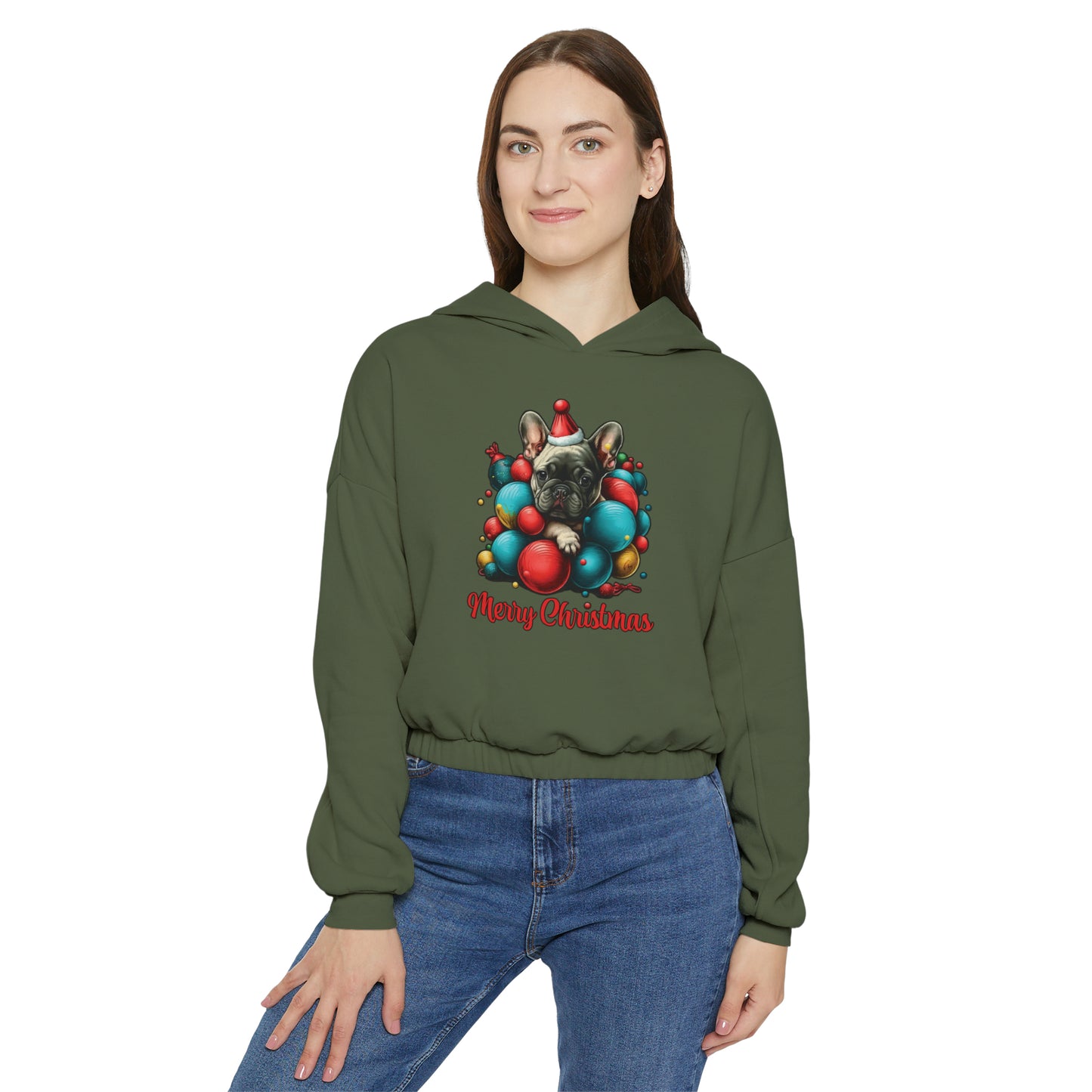 Merry Christmas French Bulldog Puppy - Women's Cinched Bottom Hoodie